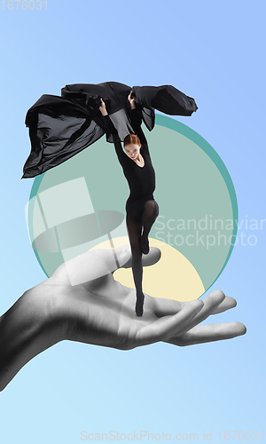 Image of Graceful girl ballet dancer dancing on human hand. Art collage.