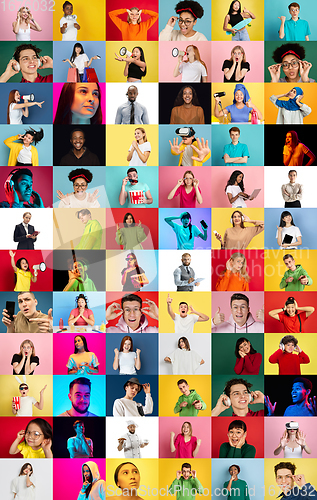 Image of Collage of faces of emotional people on multicolored backgrounds. Expressive male and female models, multiethnic group, bright colors combination