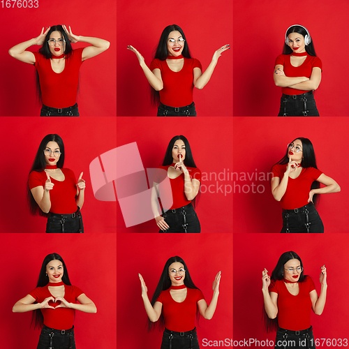 Image of Collage made of photos of beautiful female\'s half-length portraits isolated on red studio background.