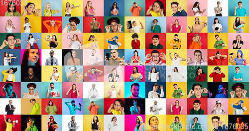 Image of Collage of faces of emotional people on multicolored backgrounds. Expressive male and female models, multiethnic group, bright colors combination