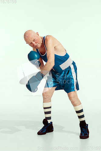 Image of Senior man wearing sportwear boxing isolated on studio background. Concept of sport, activity, movement, wellbeing. Copyspace, ad.