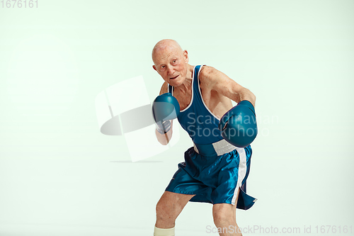 Image of Senior man wearing sportwear boxing isolated on studio background. Concept of sport, activity, movement, wellbeing. Copyspace, ad.