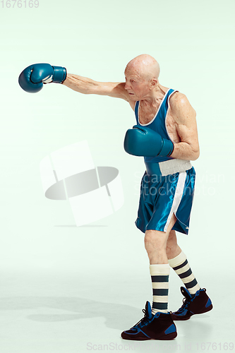 Image of Senior man wearing sportwear boxing isolated on studio background. Concept of sport, activity, movement, wellbeing. Copyspace, ad.