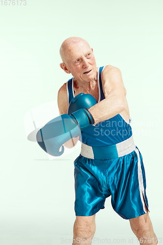 Image of Senior man wearing sportwear boxing isolated on studio background. Concept of sport, activity, movement, wellbeing. Copyspace, ad.