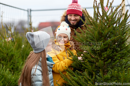 Image of happy family choosing christmas tree at market