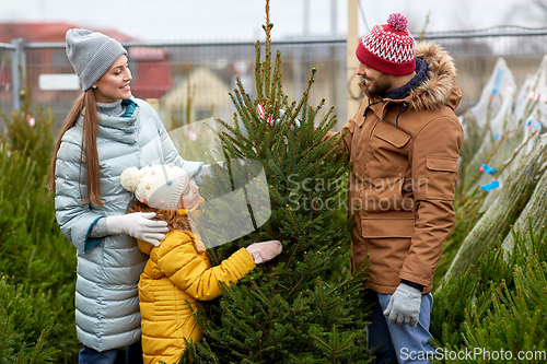 Image of happy family choosing christmas tree at market