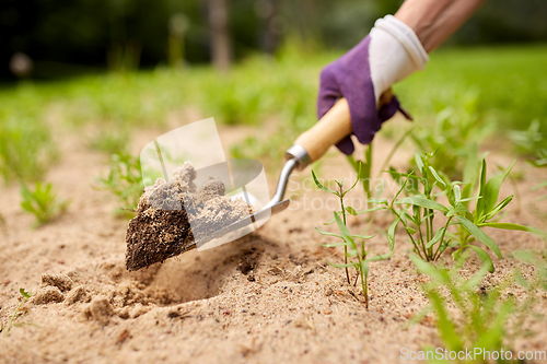 Image of hand digging flowerbed ground with garden trowel