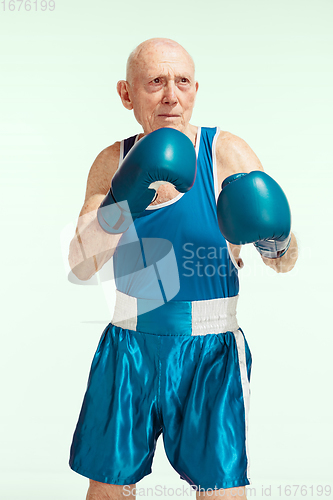 Image of Senior man wearing sportwear boxing isolated on studio background. Concept of sport, activity, movement, wellbeing. Copyspace, ad.