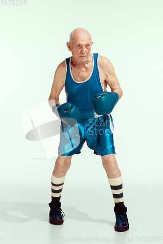 Image of Senior man wearing sportwear boxing isolated on studio background. Concept of sport, activity, movement, wellbeing. Copyspace, ad.