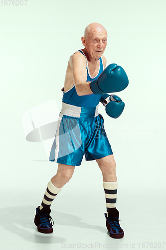 Image of Senior man wearing sportwear boxing isolated on studio background. Concept of sport, activity, movement, wellbeing. Copyspace, ad.