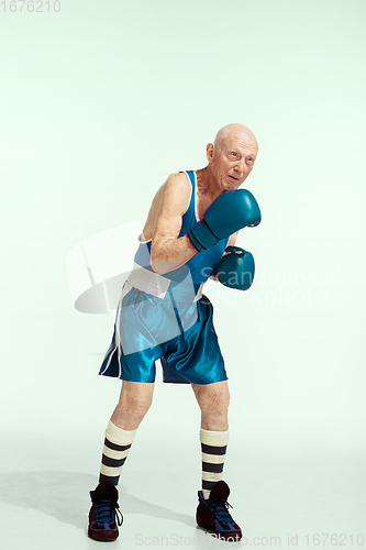 Image of Senior man wearing sportwear boxing isolated on studio background. Concept of sport, activity, movement, wellbeing. Copyspace, ad.