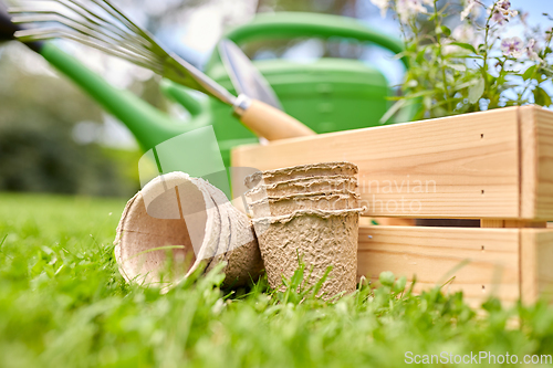 Image of garden tools and flowers in wooden box at summer