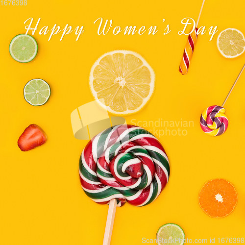 Image of Composition of fruits and sweets for International Women\'s Day.