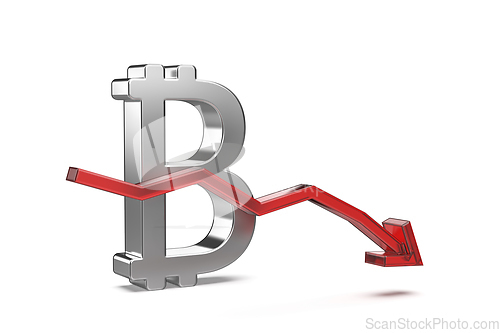 Image of Bitcoin symbol with red arrow pointing down
