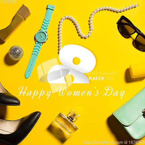 Image of Composition of female accessories for International Women\'s Day.