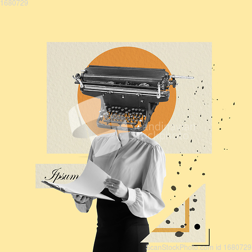 Image of Art collage. Young woman headed of retro typewriter on light background.