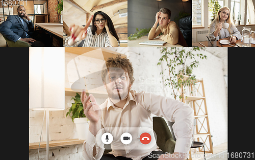 Image of Team working by group video call share ideas brainstorming use video conference.