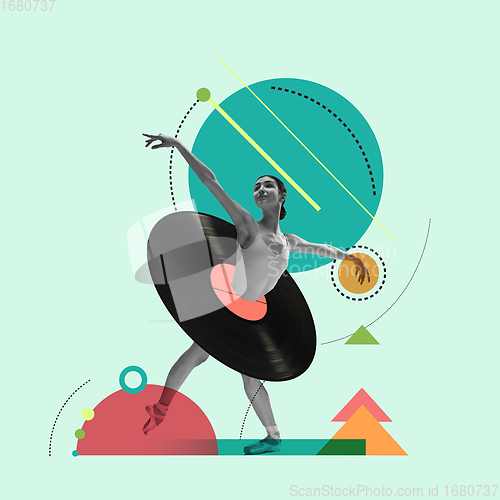 Image of Art collage. Beautiful girl ballet dancer isolated over geometric background.