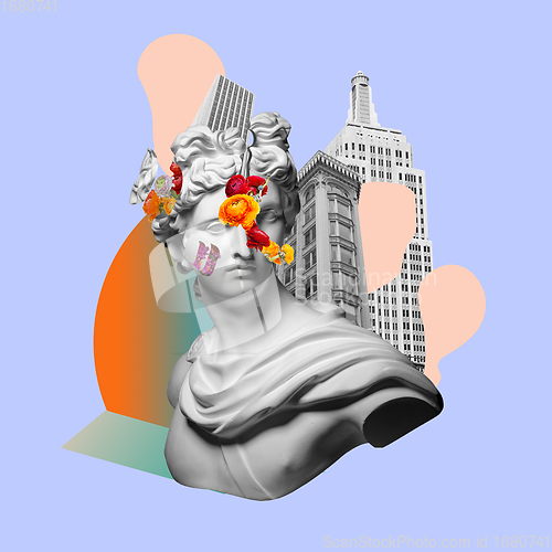 Image of Contemporary art collage with antique statue bust in a surreal style.