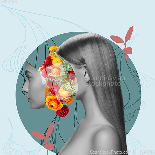 Image of Artwork. Portrait of beautiful girl with flowers isolated on light background.