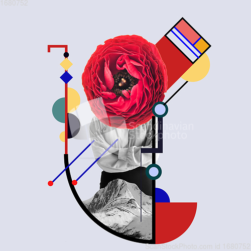 Image of Art collage. Young girl headed of red flower on light geometric background.