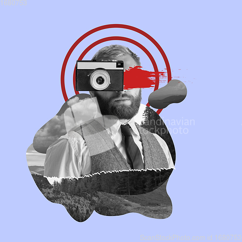 Image of Contemporary art collage. Young business man with camera.