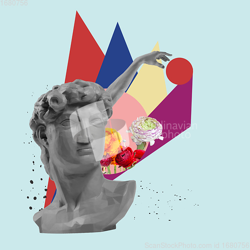 Image of Contemporary art collage with antique statue bust in a surreal style.