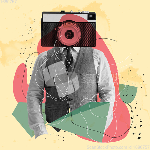 Image of Artwork. Young man headed of camera over abstract light background.