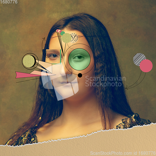 Image of Art collage. Young woman as Mona Lisa replica isolated on dark background.
