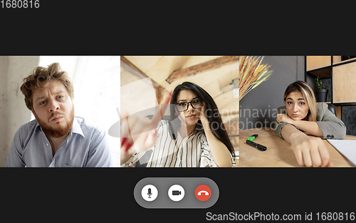 Image of Team working by group video call share ideas brainstorming use video conference.