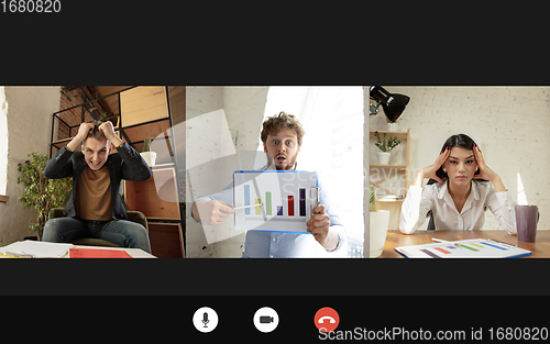 Image of Team working by group video call share ideas brainstorming use video conference.