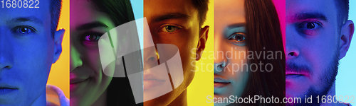 Image of Collage of portraits of young emotional people on multicolored background in neon. Concept of human emotions, facial expression, sales.