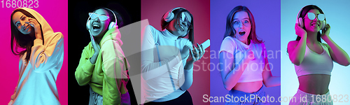 Image of Collage of portraits of young emotional people on multicolored background in neon. Concept of human emotions, facial expression, sales.