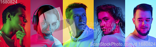 Image of Collage of portraits of young emotional people on multicolored background in neon. Concept of human emotions, facial expression, sales.