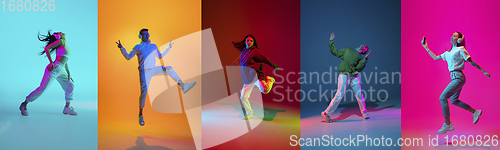 Image of Collage of portraits of young emotional people on multicolored background in neon. Concept of human emotions, facial expression, sales.