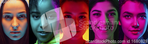 Image of Collage of portraits of young emotional girls on multicolored background in neon. Concept of human emotions, facial expression, sales.