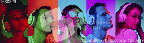 Image of Collage of portraits of young emotional people on multicolored background in neon. Concept of human emotions, facial expression, sales.