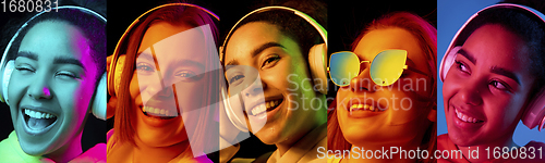 Image of Collage of portraits of young emotional girls on multicolored background in neon. Concept of human emotions, facial expression, sales.