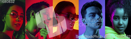 Image of Collage of portraits of young emotional people on multicolored background in neon. Concept of human emotions, facial expression, sales.