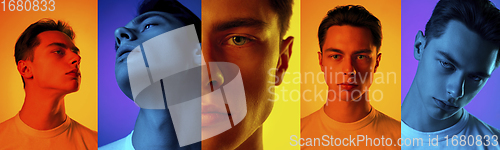 Image of Collage of portraits of young stylish man on multicolored background in neon. Concept of human emotions, facial expression, sales.