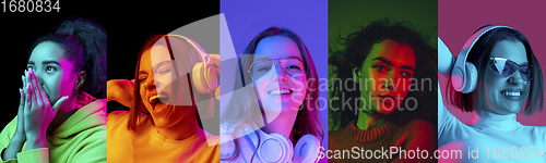 Image of Collage of portraits of young emotional girls on multicolored background in neon. Concept of human emotions, facial expression, sales.