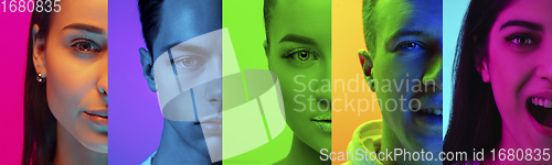 Image of Collage of portraits of young emotional people on multicolored background in neon. Concept of human emotions, facial expression, sales.