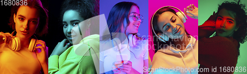 Image of Collage of portraits of young emotional people on multicolored background in neon. Concept of human emotions, facial expression, sales.
