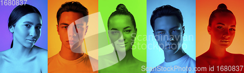 Image of Collage of portraits of young emotional people on multicolored background in neon. Concept of human emotions, facial expression, sales.