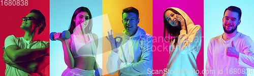 Image of Collage of portraits of young emotional people on multicolored background in neon. Concept of human emotions, facial expression, sales.