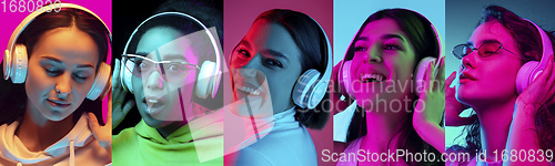 Image of Collage of portraits of young emotional people on multicolored background in neon. Concept of human emotions, facial expression, sales.