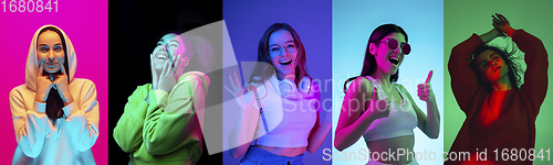 Image of Collage of portraits of young emotional people on multicolored background in neon. Concept of human emotions, facial expression, sales.