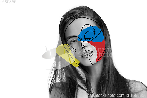 Image of Art portrait of young woman, fashion model with abstract geometrical drawings by modern one line style technique