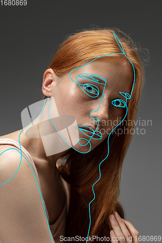 Image of Art portrait of young woman, fashion model with abstract geometrical drawings by modern one line style technique