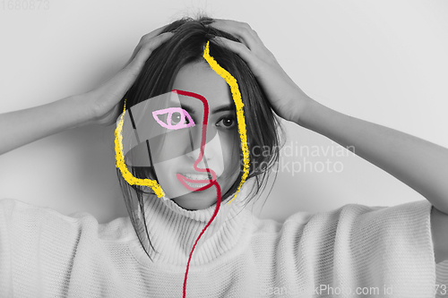 Image of Art portrait of young woman, fashion model with abstract geometrical drawings by modern one line style technique